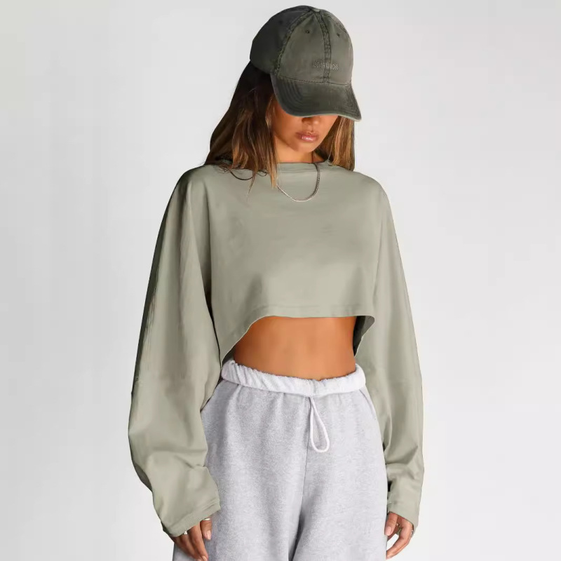 2024 Cross-border Cropped Crew Neck Sweatshirt, European and American Style Women's Short Sports Base Shirt, T-shirt, Knitwear, Long Sleeve Top