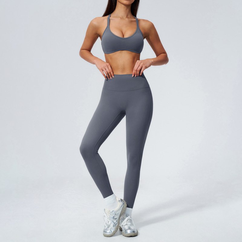 Summer New Style Patchwork V-Neck Beautiful Back Yoga Outfit Set Outdoor Sports High-Waisted Peach Butt Fitness Set 5560