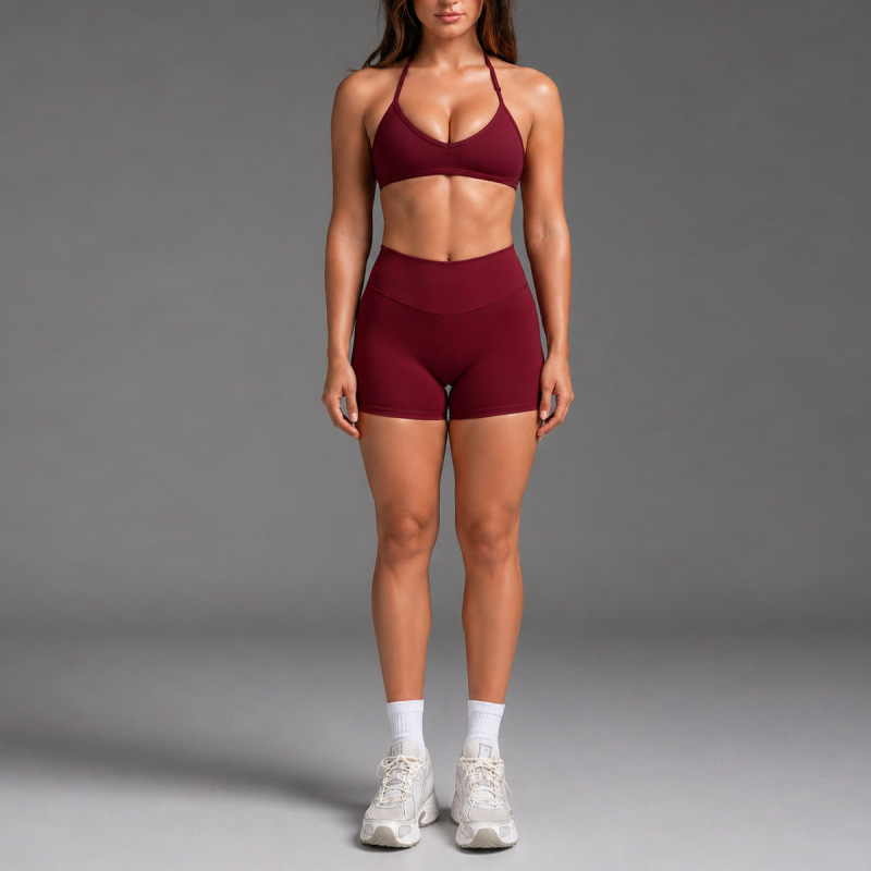 Cross-border halter neck sports bra set for women, featuring a beautiful back, bust enhancement, and support; fitness top, suitable for outerwear, yoga wear, and underwear set.