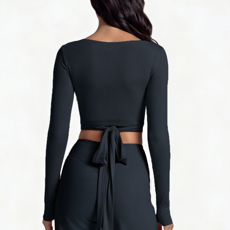Women's cross-border long-sleeved yoga top with front cross-strap, ballet style, versatile for sports and fitness.