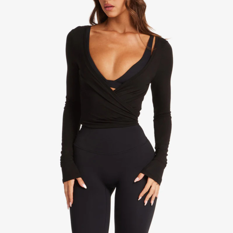 Women's cross-border long-sleeved yoga top with front cross-strap, ballet style, versatile for sports and fitness.