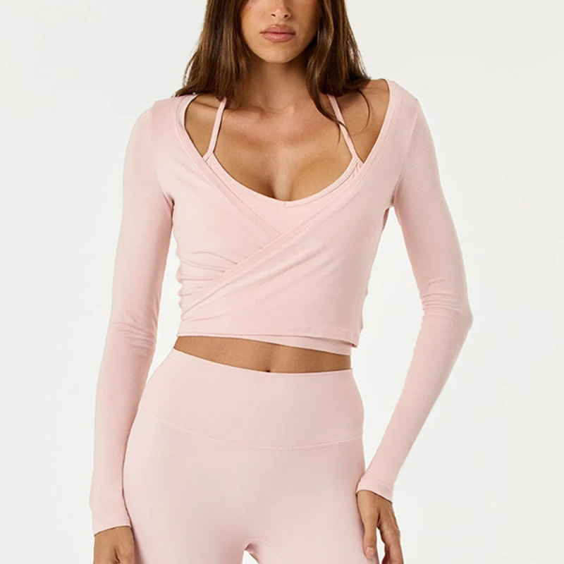 Women's cross-border long-sleeved yoga top with front cross-strap, ballet style, versatile for sports and fitness.