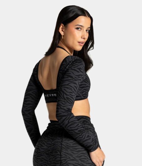 Cross-border zebra print color-blocked long-sleeved T-shirt set for women, with built-in bra cups, yoga and fitness sports long-sleeved top set