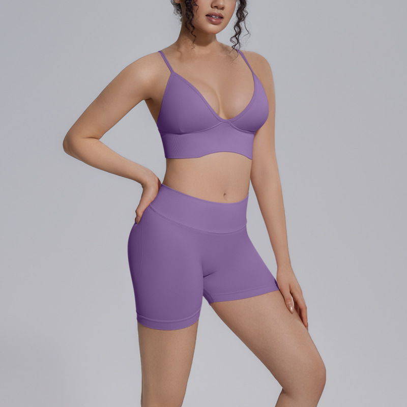 Cross-border seamless solid color beautiful back tight breathable short high elastic yoga suit set for sports running fitness yoga wear