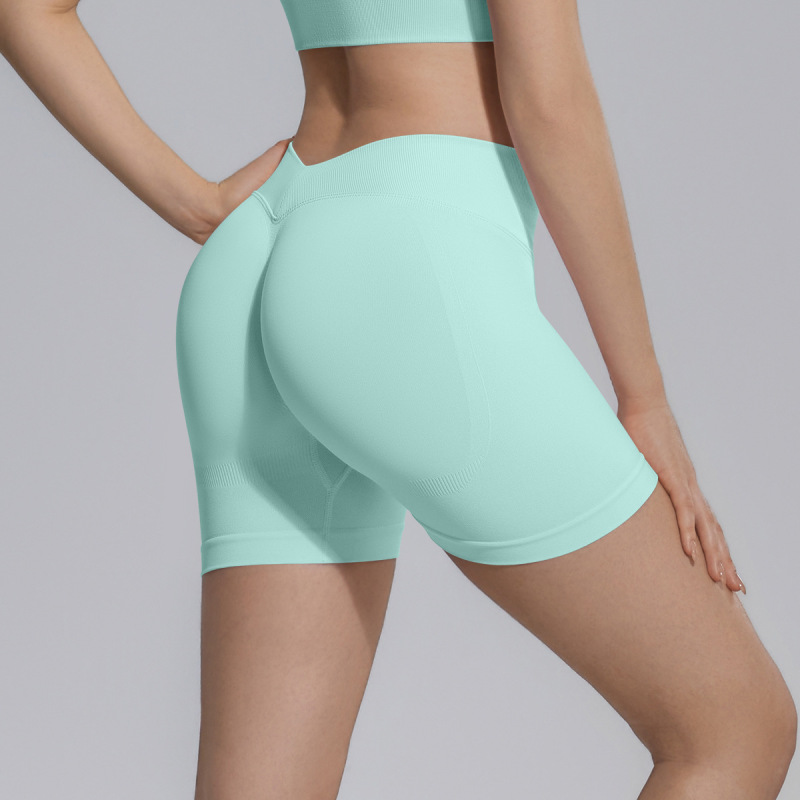 Cross-border seamless knitted V-waist peach-shaped hip-lifting tight high-waisted yoga shorts, sports running fitness shorts.