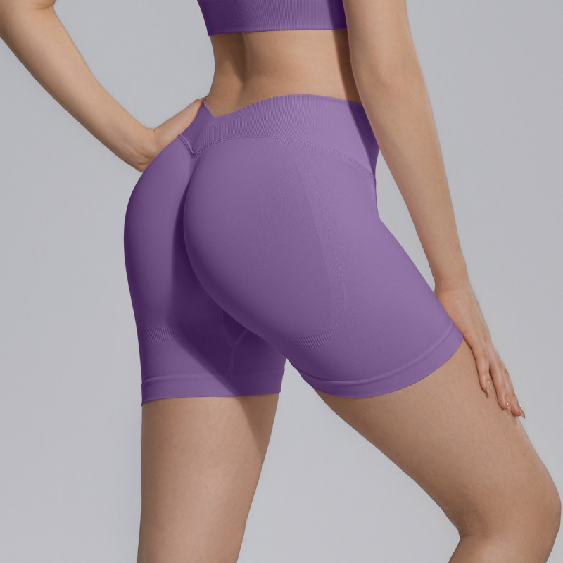 Cross-border seamless knitted V-waist peach-shaped hip-lifting tight high-waisted yoga shorts, sports running fitness shorts.