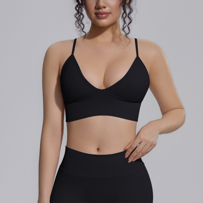 Cross-border European and American seamless knit solid color tight-fitting backless sports bra for women, suitable for running, fitness, and yoga.