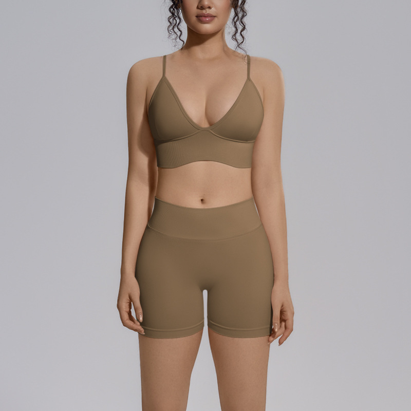 Cross-border seamless solid color beautiful back tight breathable short high elastic yoga suit set for sports running fitness yoga wear