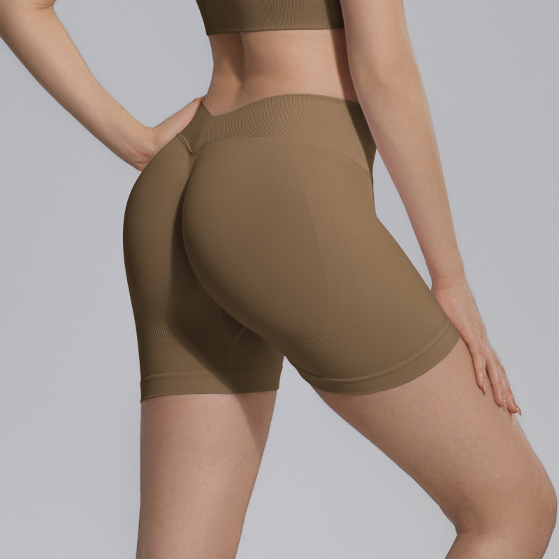 Cross-border seamless knitted V-waist peach-shaped hip-lifting tight high-waisted yoga shorts, sports running fitness shorts.
