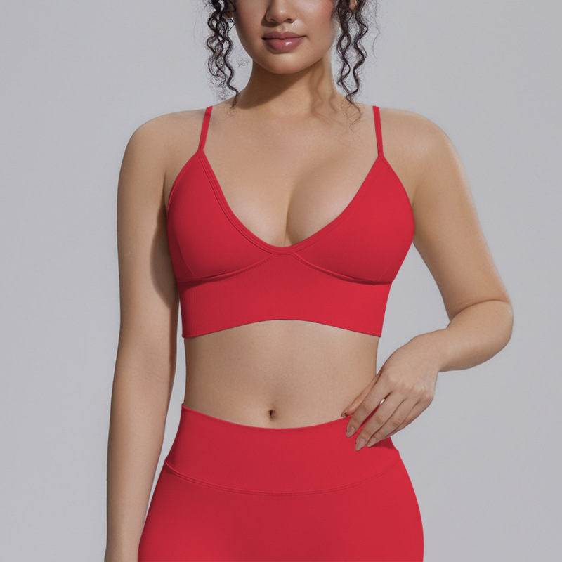 Cross-border European and American seamless knit solid color tight-fitting backless sports bra for women, suitable for running, fitness, and yoga.