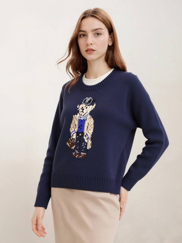 Cross-Border European and American Foreign Trade Amazon Women's Bear Embroidered Knitwear Loose Round Neck Large Size Long-Sleeved Sweater for Women