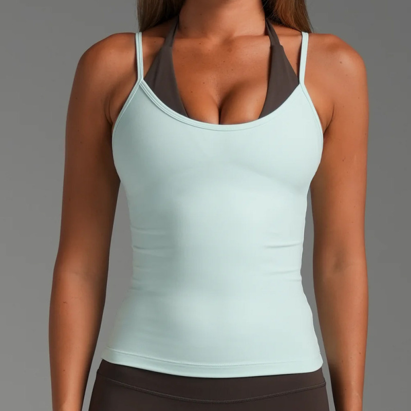 Women's cross-border color-blocked camisole tank top, quick-drying, two-piece sports vest, running, fitness, Pilates, yoga wear top