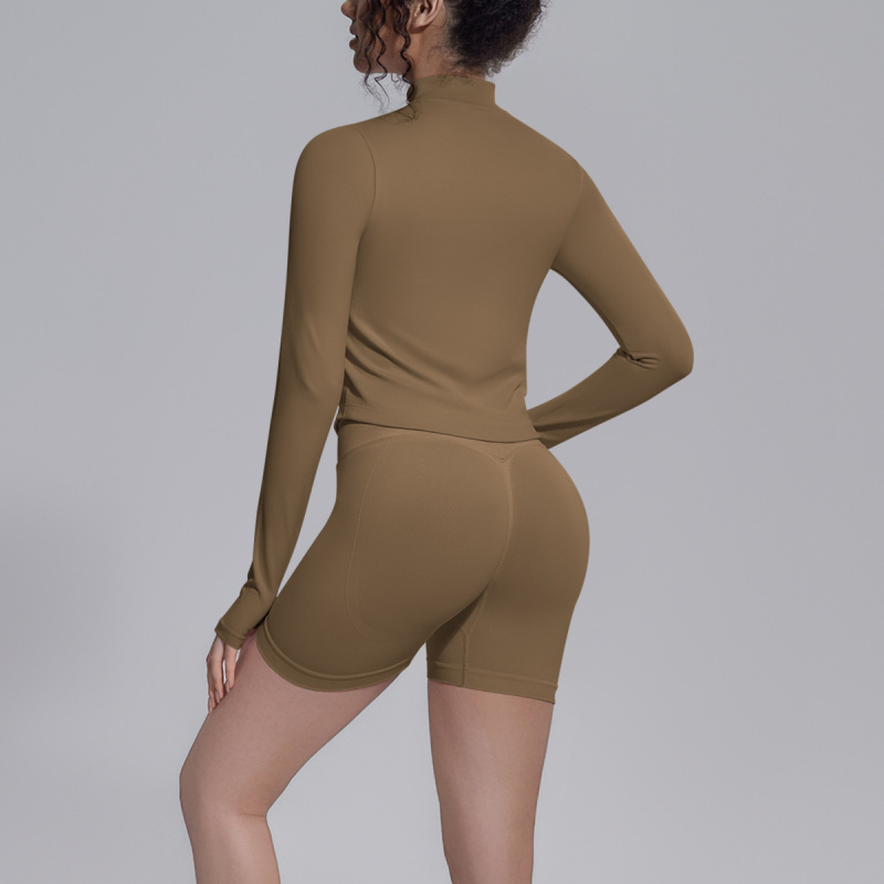New cross-border seamless solid color tight high elastic backless shorts three-piece sports running fitness yoga suit set