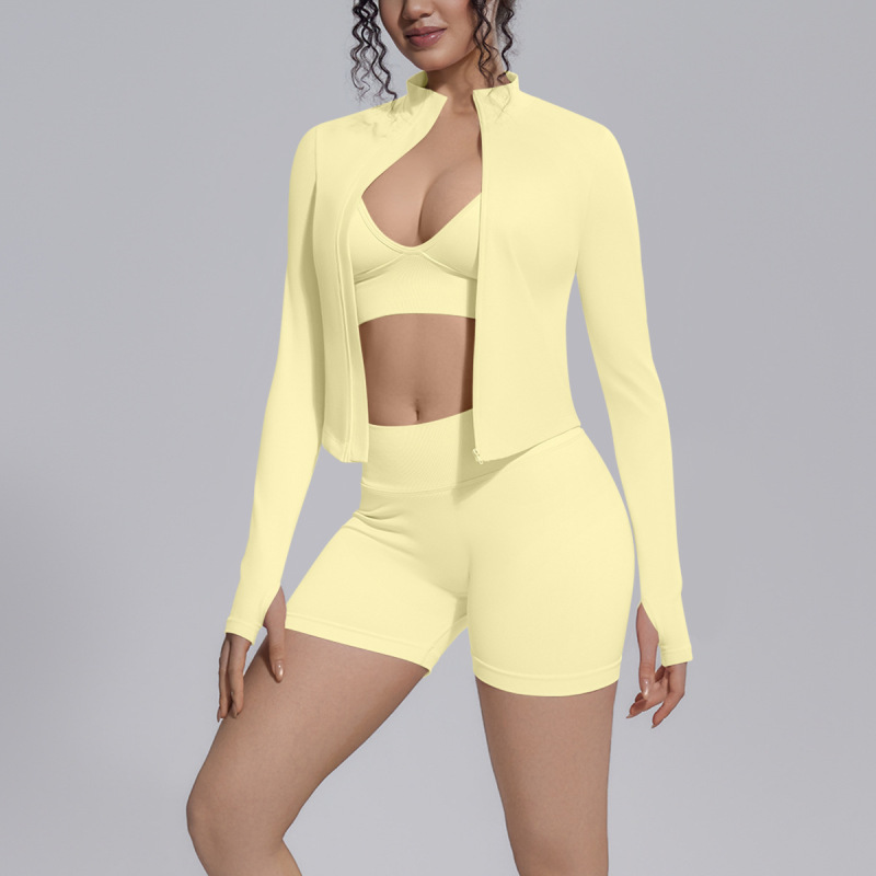 New cross-border seamless solid color tight high elastic backless shorts three-piece sports running fitness yoga suit set