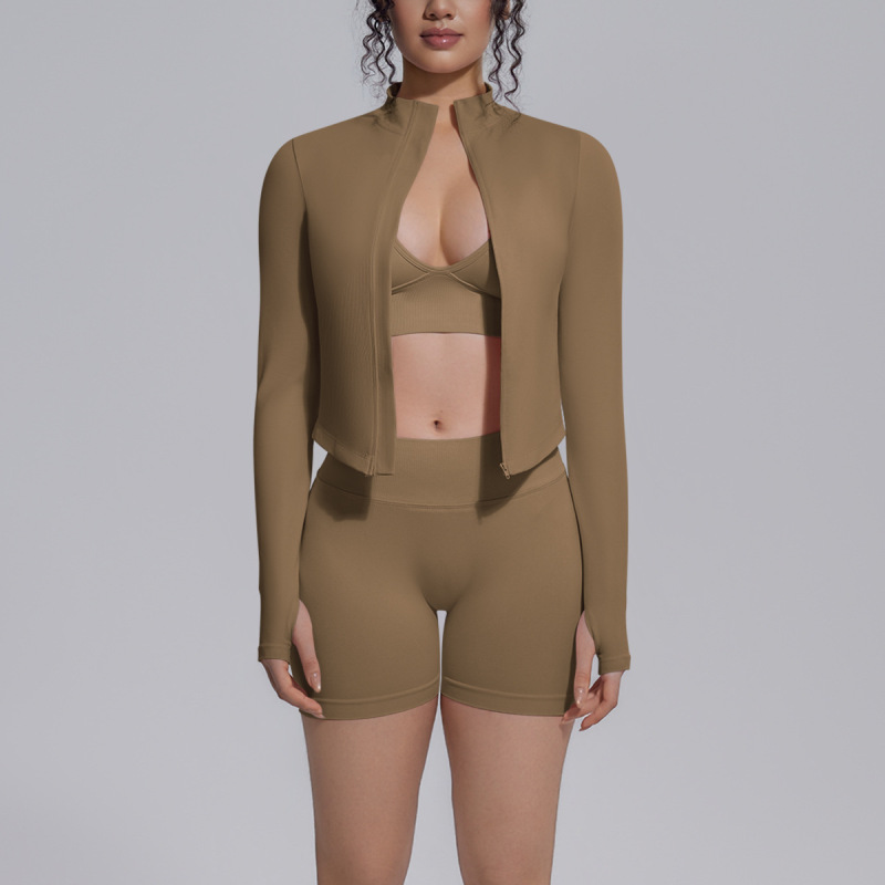 New cross-border seamless solid color tight high elastic backless shorts three-piece sports running fitness yoga suit set