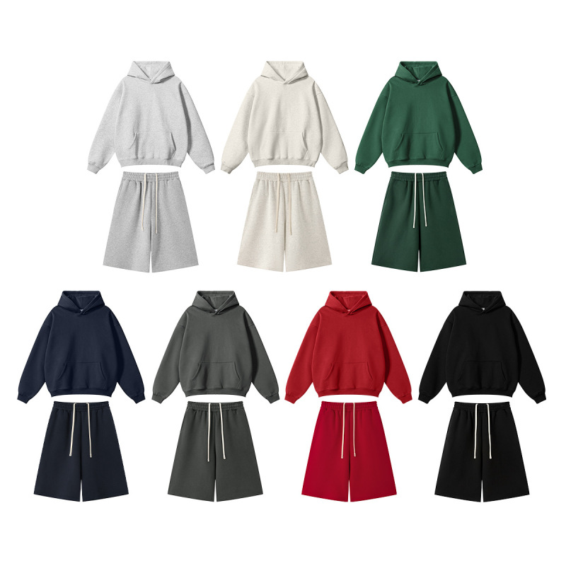 Be Men's Autumn American Retro Solid Color Fleece-Lined Hooded Sweatshirt Loose Warm Cropped Pants Sports Casual Set