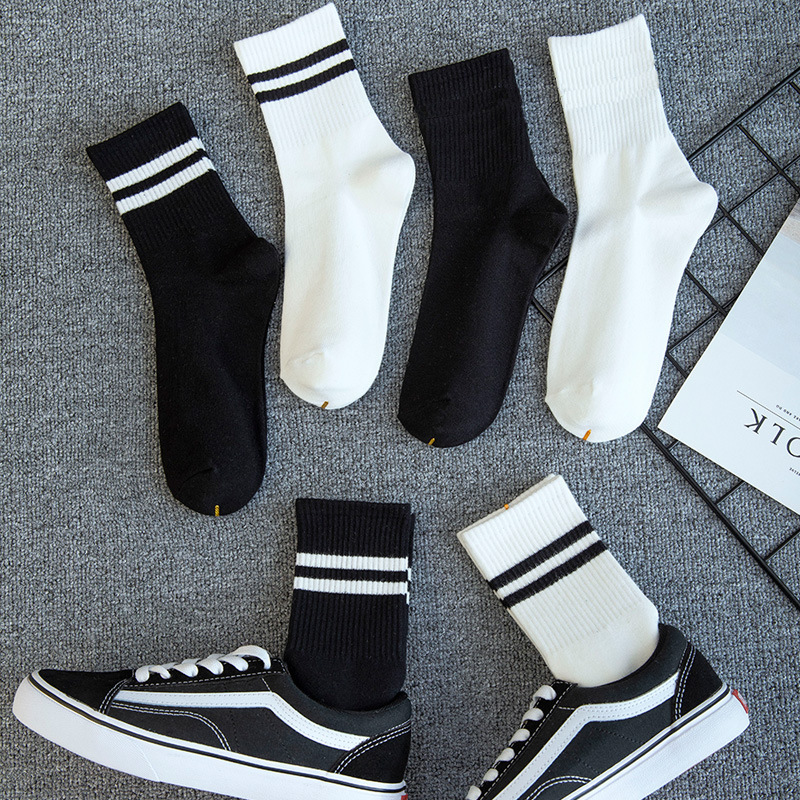 Women's Mid-Calf Socks, Men's Anti-Odor Pure Cotton Socks, Long Socks, Trendy Black and White Spring and Autumn Cotton Socks for Students and Couples