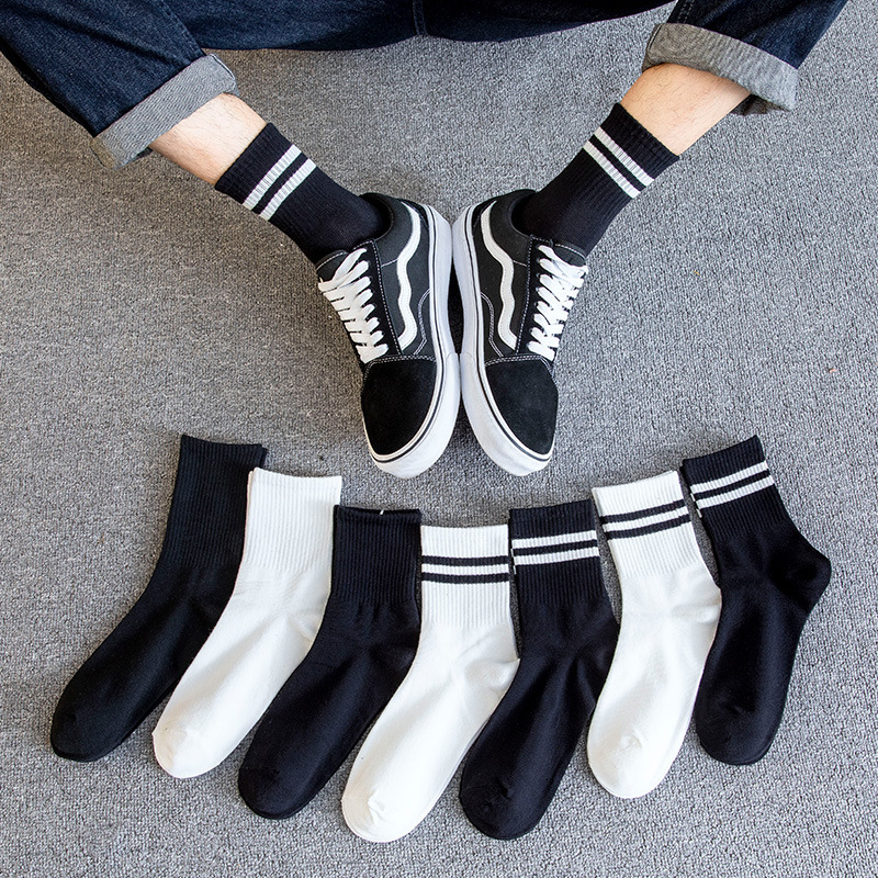 Women's Mid-Calf Socks, Men's Anti-Odor Pure Cotton Socks, Long Socks, Trendy Black and White Spring and Autumn Cotton Socks for Students and Couples