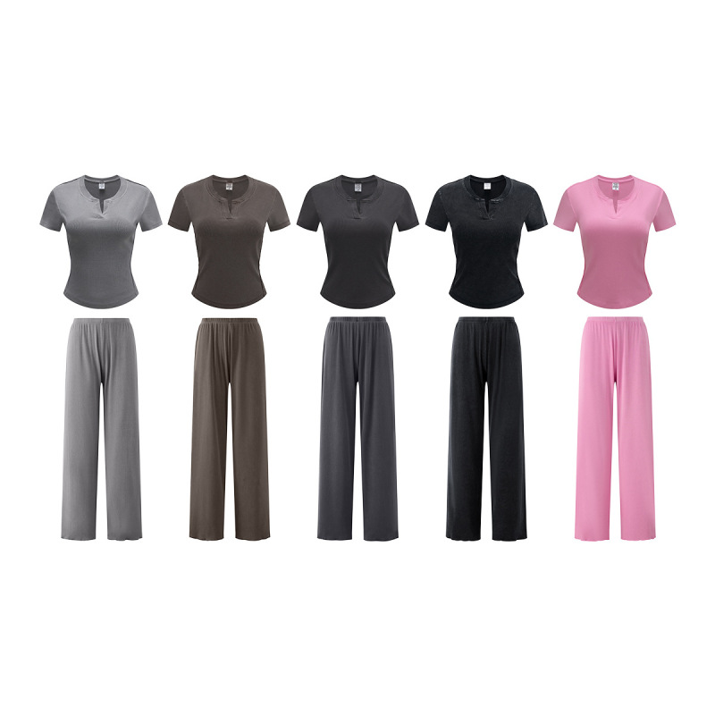 BE Women's Clothing | European and American Trendy Retro Slim Fit Short-Sleeve T-Shirt Washed Distressed Straight Wide-Leg Trousers Casual Suit for Women