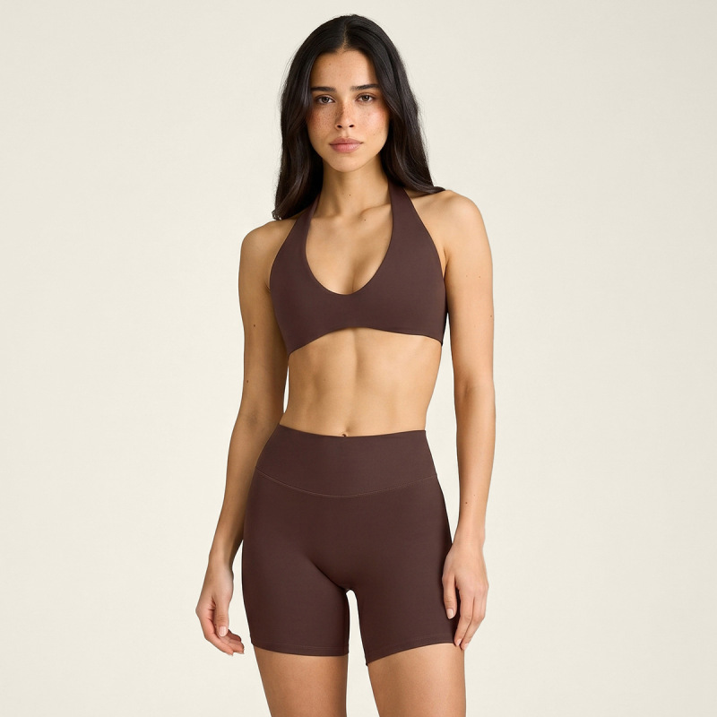 Cross-border nude yoga bra with beautiful back and halter neck sports bra, high-waisted, butt-lifting, quick-drying yoga shorts fitness set