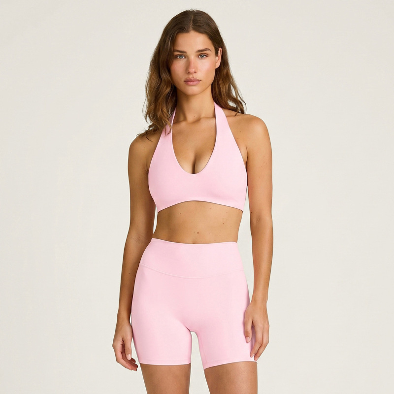 Cross-border nude yoga bra with beautiful back and halter neck sports bra, high-waisted, butt-lifting, quick-drying yoga shorts fitness set
