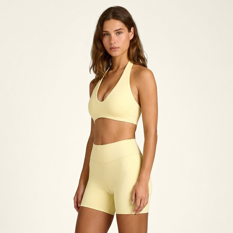 Cross-border nude yoga bra with beautiful back and halter neck sports bra, high-waisted, butt-lifting, quick-drying yoga shorts fitness set