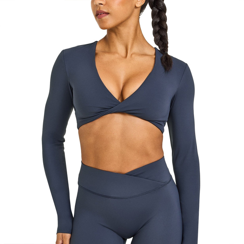 Cross-Border Twist Yoga Long-Sleeved Fitness Clothing for Women Running Casual Sports Long-Sleeved T-Shirt Elastic Yoga Top