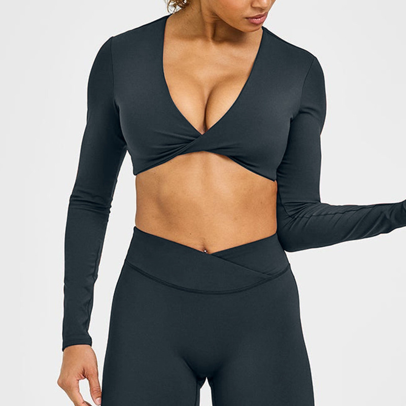 Cross-Border Twist Yoga Long-Sleeved Fitness Clothing for Women Running Casual Sports Long-Sleeved T-Shirt Elastic Yoga Top