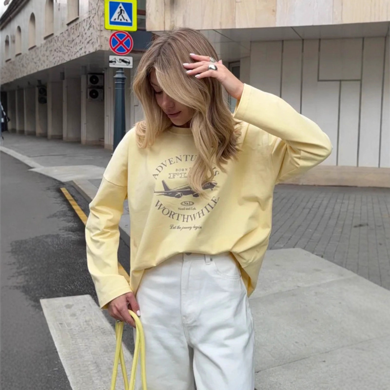 100% Cotton Long-Sleeved T-Shirt Summer New Casual Simple Trendyy Chic Design Loose Work Clothing Top for Women