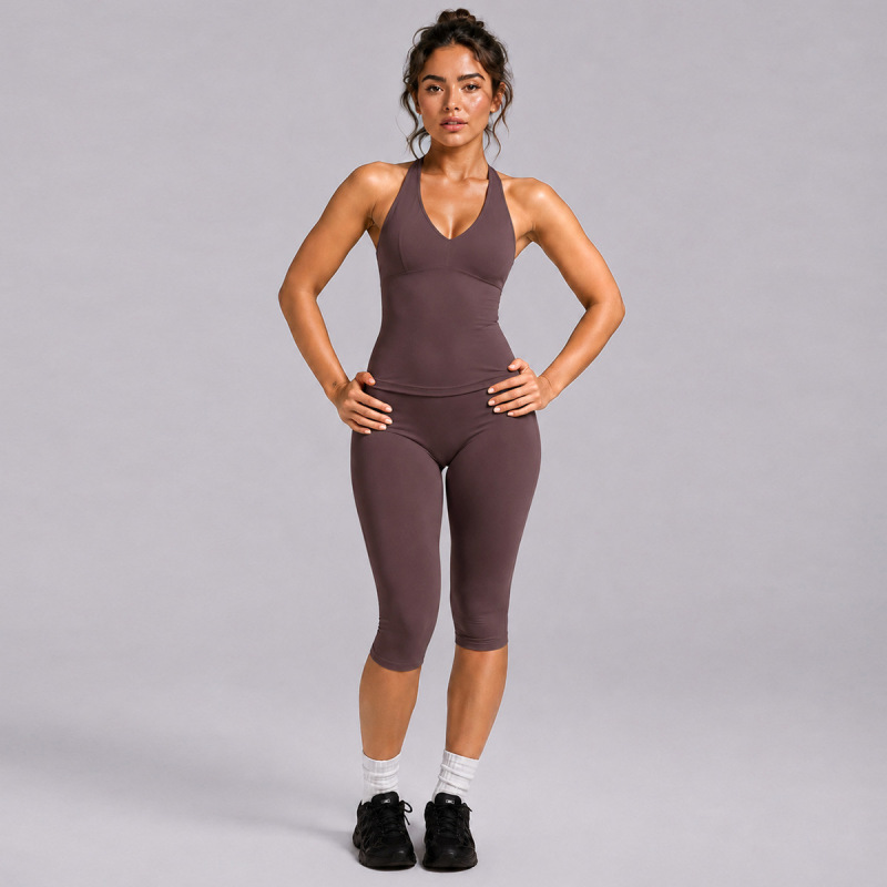 Cross-border yoga set, halter neck, open back, sports vest, tight yoga pants, outdoor running sports set for women.