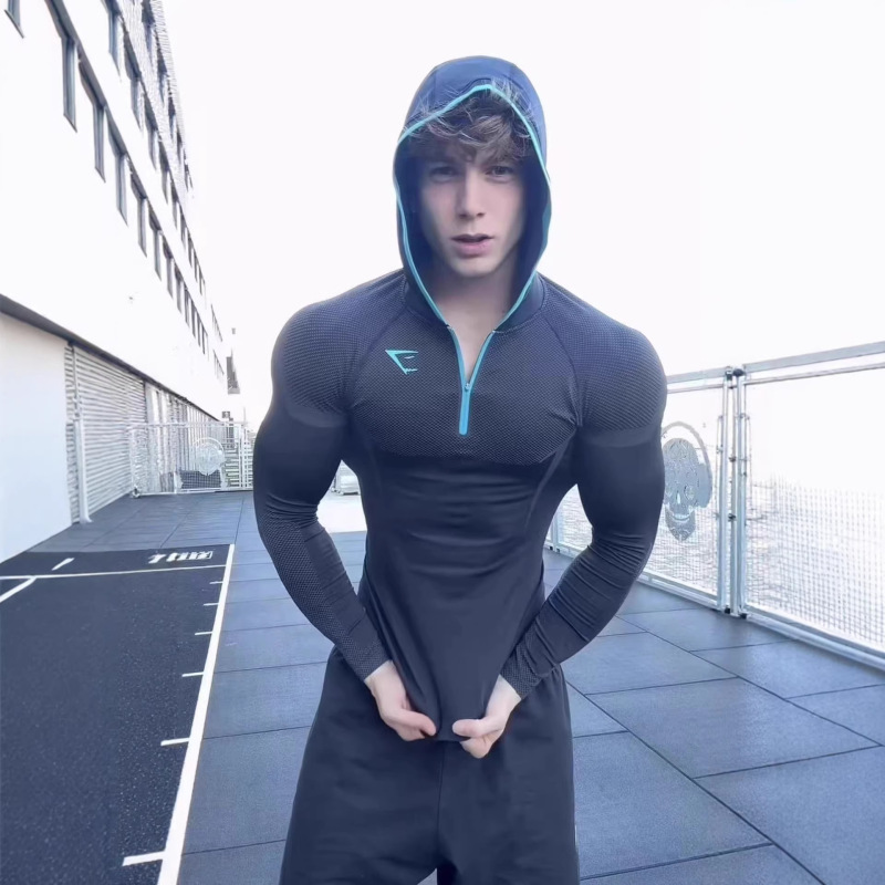 Gym Fitness Long-Sleeved Men's Autumn and Winter Classic Superhero Quick-Drying Stretch Hoodie Half-Zip T-Shirt Top