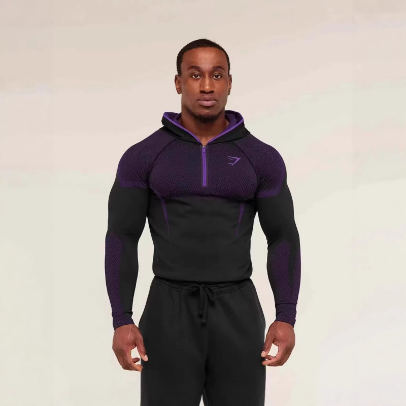 Gym Fitness Long-Sleeved Men's Autumn and Winter Classic Superhero Quick-Drying Stretch Hoodie Half-Zip T-Shirt Top