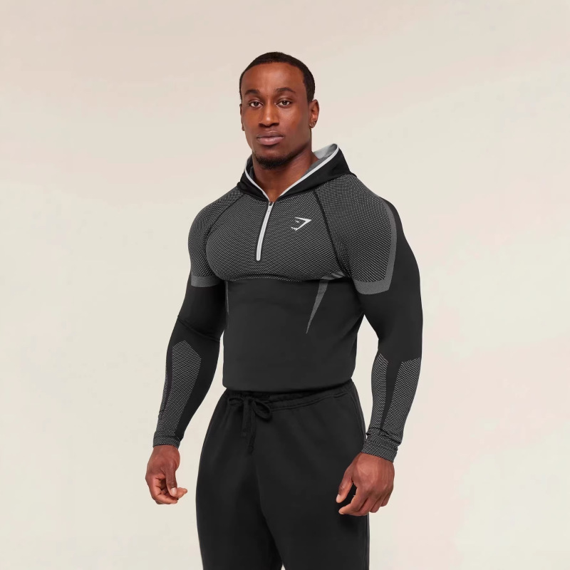 Gym Fitness Long-Sleeved Men's Autumn and Winter Classic Superhero Quick-Drying Stretch Hoodie Half-Zip T-Shirt Top