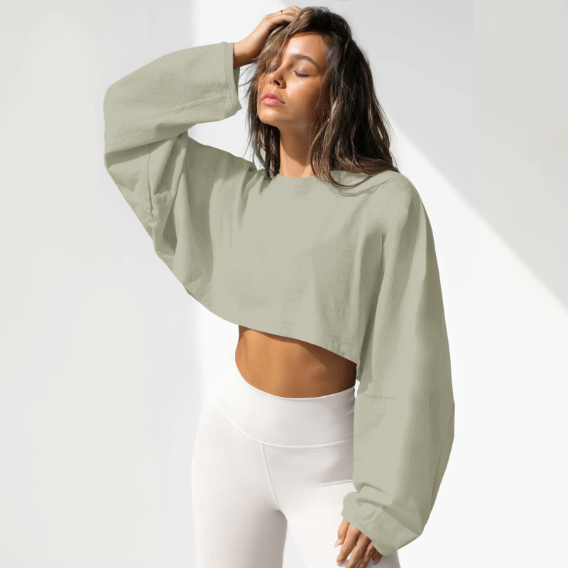 2024 Cross-border Navel Crewneck Sweater European and American Women's Short Sports Base Shirt T-shirt Knitted Shirt Long Sleeve Top