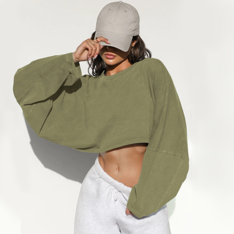 2024 Cross-border Navel Crewneck Sweater European and American Women's Short Sports Base Shirt T-shirt Knitted Shirt Long Sleeve Top