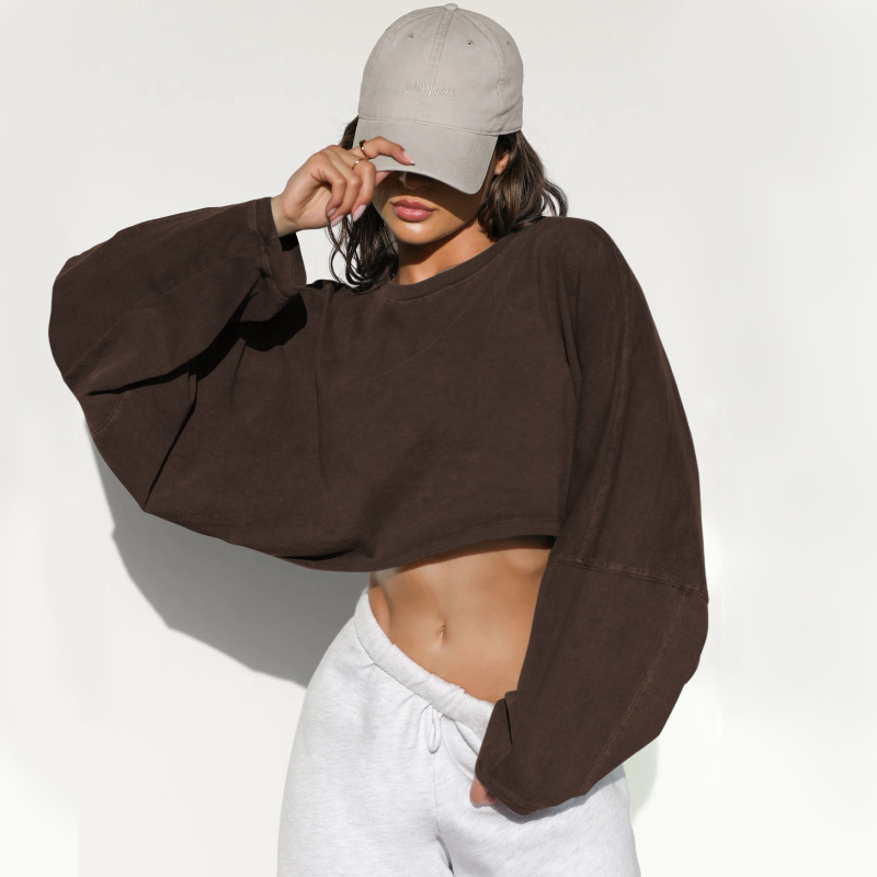 2024 Cross-border Navel Crewneck Sweater European and American Women's Short Sports Base Shirt T-shirt Knitted Shirt Long Sleeve Top