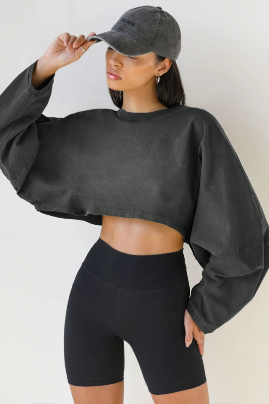 2024 Cross-border Navel Crewneck Sweater European and American Women's Short Sports Base Shirt T-shirt Knitted Shirt Long Sleeve Top