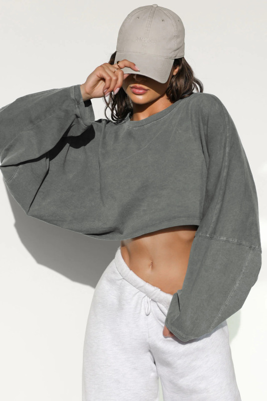 2024 Cross-border Navel Crewneck Sweater European and American Women's Short Sports Base Shirt T-shirt Knitted Shirt Long Sleeve Top
