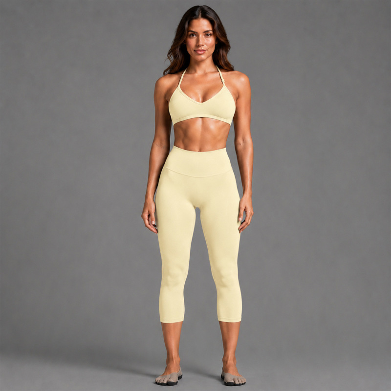 Cross-Border Halter Neck Sports Bra Set for Women, Beautiful Back Yoga Bra, Quick-Dry Fitness Capri Pants, Yoga Outfit Two-Piece Set