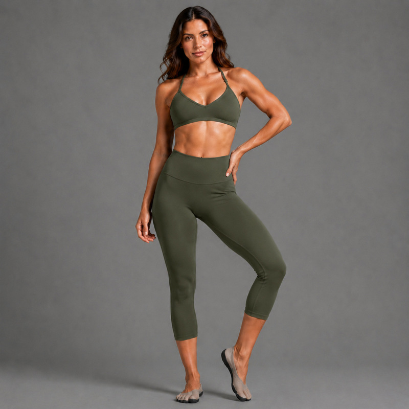 Cross-Border Halter Neck Sports Bra Set for Women, Beautiful Back Yoga Bra, Quick-Dry Fitness Capri Pants, Yoga Outfit Two-Piece Set