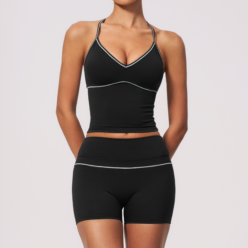 New brushed color-blocked tracksuit, V-neck halter neck, tummy control, high waist, outdoor sports fitness yoga wear for women, 9615