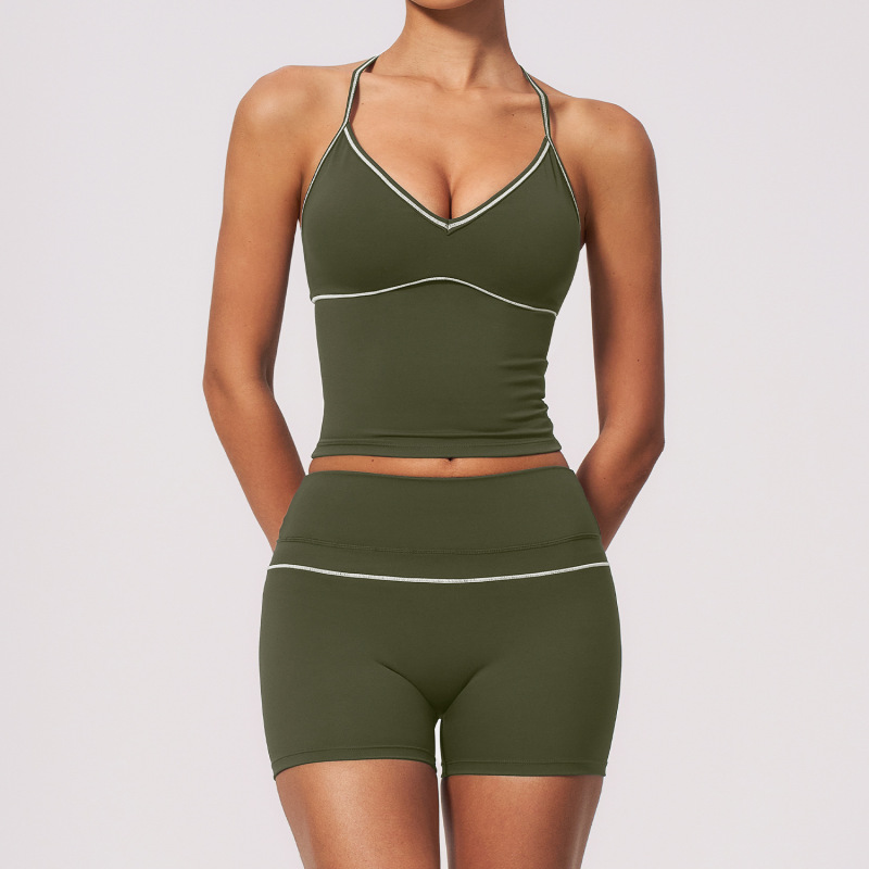 New brushed color-blocked tracksuit, V-neck halter neck, tummy control, high waist, outdoor sports fitness yoga wear for women, 9615
