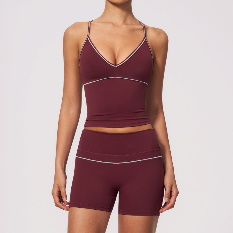 New brushed color-blocked tracksuit, V-neck halter neck, tummy control, high waist, outdoor sports fitness yoga wear for women, 9615