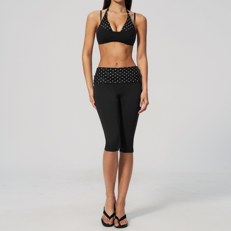 Women's Yoga Suit Set, Summer New Style, Halter Neck, Double Shoulder, Faux Two-Piece, Fold-Up Waist, Polka Dot Sports Suit Set, Women's 4549
