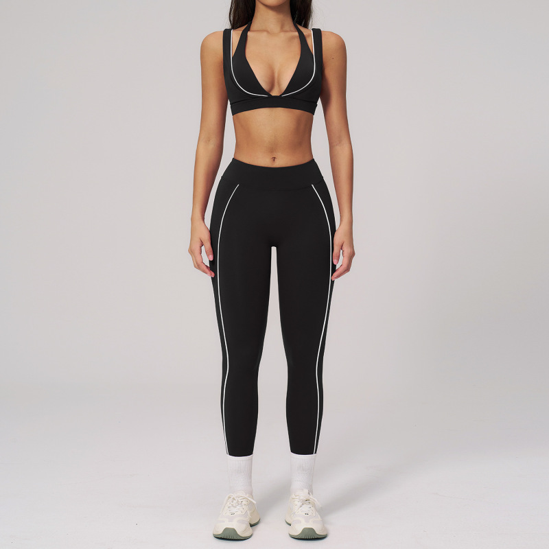 Cross-Border Seamless Yoga Outfit for Women, White Contrast-Stripe Slim-Fit Running and Fitness Sportswear Set 5079