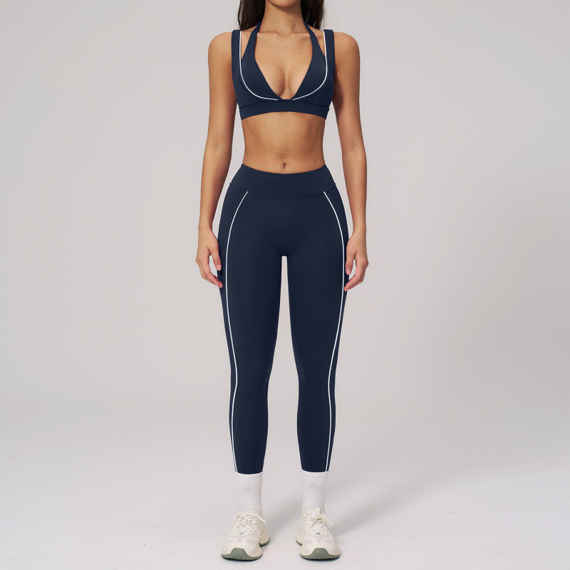 Cross-Border Seamless Yoga Outfit for Women, White Contrast-Stripe Slim-Fit Running and Fitness Sportswear Set 5079