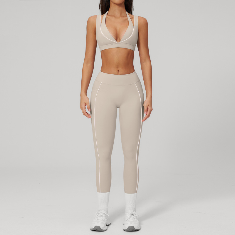 Cross-Border Seamless Yoga Outfit for Women, White Contrast-Stripe Slim-Fit Running and Fitness Sportswear Set 5079