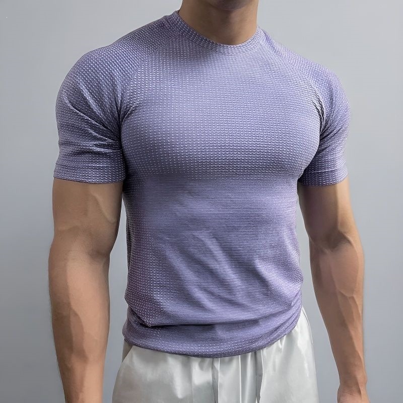 Seamless quick-drying men's T-shirt for summer outdoor sports, sweat-wicking, breathable, round neck, gym, running, tapered cuffs, short sleeves