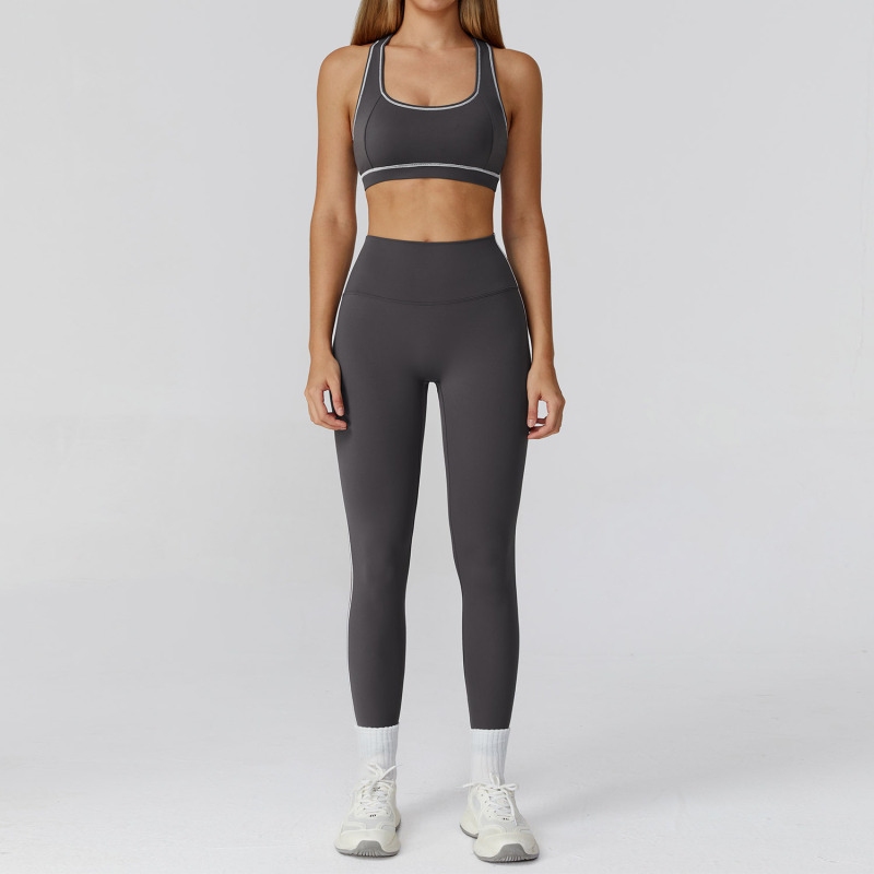 Cross-Border Contrasting Color Brushed Yoga Suit Zipper Slim Yoga Fitness Suit Casual Running Sports Three-Piece Set 2036