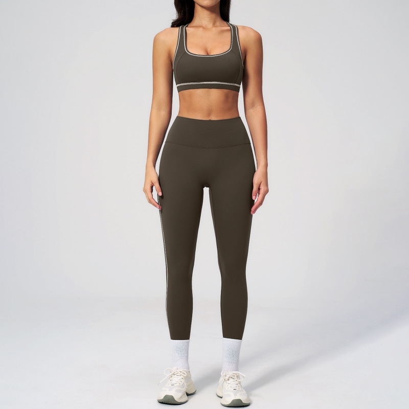 Cross-Border Contrasting Color Brushed Yoga Suit Zipper Slim Yoga Fitness Suit Casual Running Sports Three-Piece Set 2036